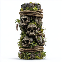 Stacked skulls wrapped in rope with moss and greenery