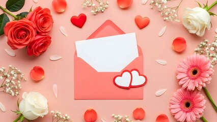 Valentine's day card and flowers on pink background with hearts