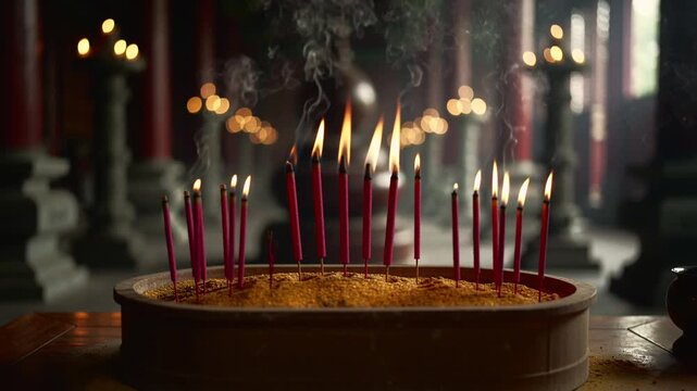Close up burning group of red incense sticks with rising smoke