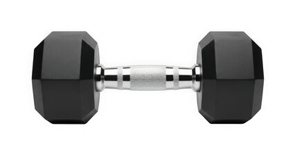Black hexagonal dumbbell with chrome handle isolated on transparent background