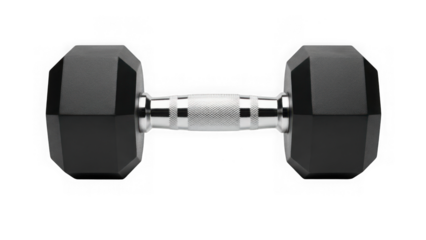 Black hexagonal dumbbell with chrome handle isolated on transparent background