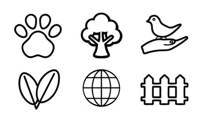 A set of eco-friendly icons representing nature and conservation on a white background