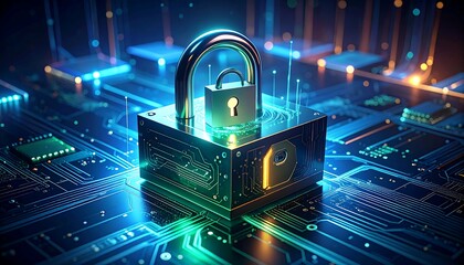 Digital padlock symbol on a glowing circuit board, cyber security theme