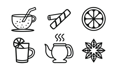 A set of black and white line drawings of various drink and dessert icons