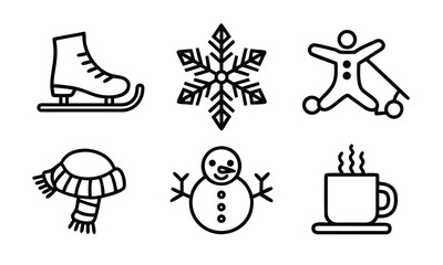 A set of winter icons including ice skate, snowflake, gingerbread man, warm hat, snowman, and hot coffee cup