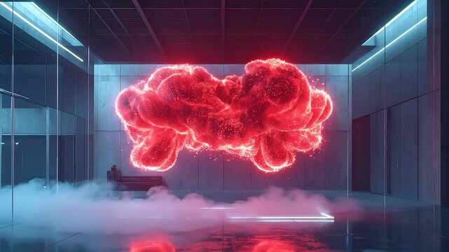 Abstract red cloud floating in a modern minimalist futuristic architectural space