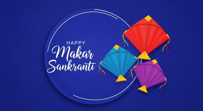 Happy Makar Sankranti Festival with Colorful Kites on Blue Background