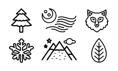 A set of nature inspired black and white line art illustrations on a white background
