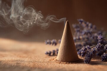 Lit incense cone with lavender flowers on a warm brown background, calming aromatherapy scene