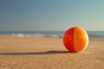 Obraz premium Lone inflatable ball on a quiet beach, minimalistic coastal scene