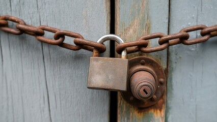 Old Rusty Padlock and Chain on Wooden Door