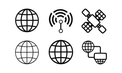 A set of black and white icons representing global communication and technology