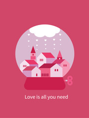 Happy valentines day.A festive snow globe with a house, heart , cloud. Festive magic, gifts, and lovely joy. cards, posters, branding. Vector illustrations.