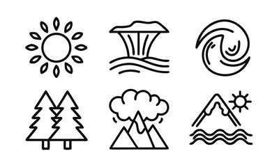 A serene landscape with sun, ocean, and mountain illustrations on a white background