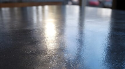 Polished steel surface reflecting bright dawn sunlight and cool blue sky