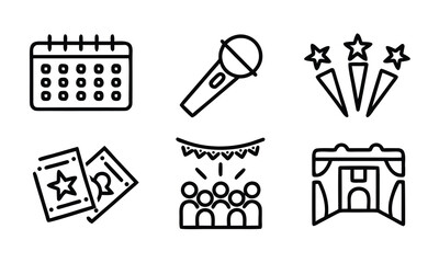 A collection of black line icons representing event planning and celebration