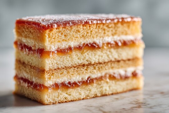 Macro photograph of a granular cake with vibrant interior layers and glossy glaze