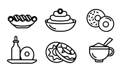 A set of black and white icons depicting various breakfast foods and drinks