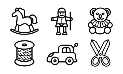 A set of simple black and white line drawings of children's toys and objects