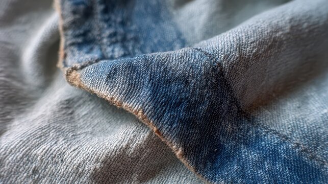 Macro photograph of vintage denim textile texture with subtle distressing and blue hues