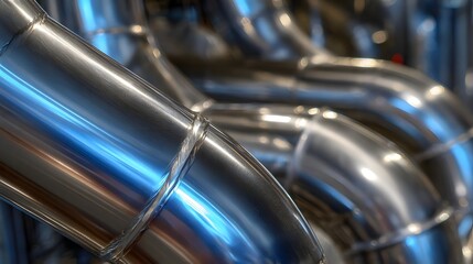 Close up of polished metallic pipes with a bright blue reflection showcasing smooth curves and industrial infrastructure