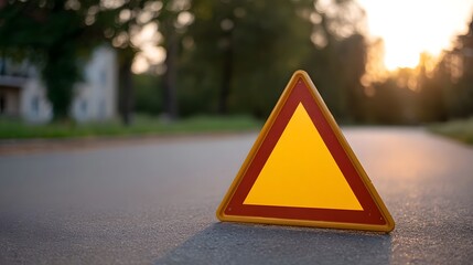 Yellow and red triangular warning sign on an empty road at golden hour