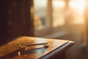 Macro view of a brass key on a textured wooden surface bathed in warm light, implying happiness and opportunity