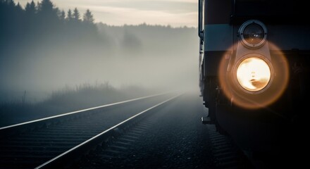 Train headlight illuminates the tracks through the misty landscape at dawn.