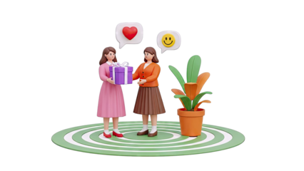 Women Exchanging Gift with Heart and Smiley Icons