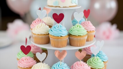 Cupcake tower with pastel frosting and heart shape toppers
