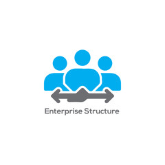 Professional enterprise structure logo icon with blue people silhouettes and grey arrows for business team management organization and strategy
