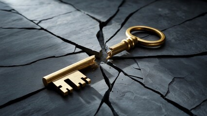 Broken Golden Key Lying on Stone Floor