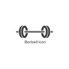 Minimalist grey barbell icon featuring a weightlifting bar for gym fitness training bodybuilding and a healthy active sports lifestyle.
