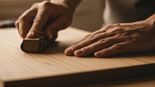Close Up of Carpenter Hands Sanding Wooden Surface with Manual Sanding Block in Workshop