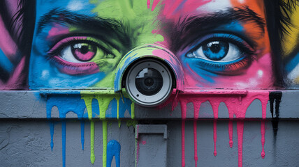 Eyes on Surveillance: Merging art and technology, a surveillance camera peers out from a vibrant mural of human eyes, blending street art with the ever-watchful gaze of security.
