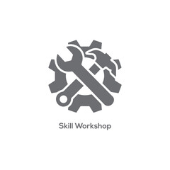 Skill workshop logo featuring a gray mechanical gear wrench and hammer for technical training maintenance repair services and education.
