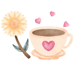 Watercolor Coffee Cup illustration valentines day of love elements