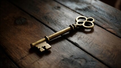 Antique Golden Skeleton Key on Rustic Wood