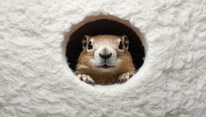 Groundhog Day Minimal Concept with Cute Groundhog Peeking Through Soft White Texture