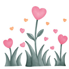 Watercolor hearts growing like flowers in a romantic Valentine illustration. Perfect for love themes, cards, and decorative designs.