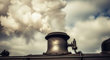 Vintage Steam Engine Chimney Against Cloudy Sky - A Nostalgic View.