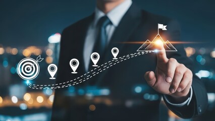 Business and Project Roadmap Concept. Touching on virtual screen with roadmap overlay representing steps in a project or strategic planning process. Waypoint icons and ends with goal achievement.