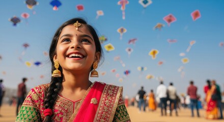 Joyful Indian Child Enjoys Colorful Kite Festival Celebration