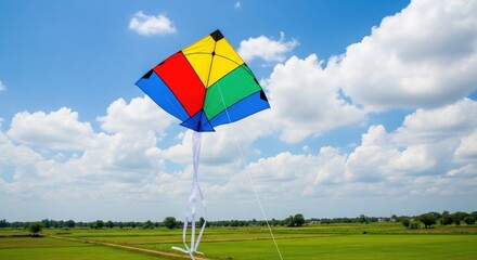 Vibrant kite soaring in blue sky above lush green landscape