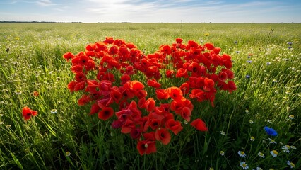Heart shaped field of vibrant red poppies in green meadow