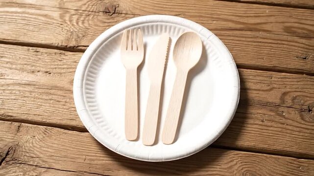 Sustainable wooden fork, knife, spoon on white disposable plate, rustic wood surface