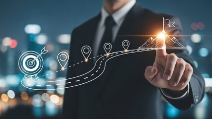 Business and Project Roadmap Concept. Touching on virtual screen with roadmap overlay representing steps in a project or strategic planning process. Waypoint icons and ends with goal achievement.