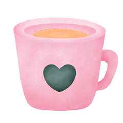 Watercolor pink Coffee Cup illustration valentines day of love elements.