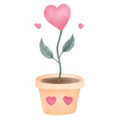 Watercolor plant in a pot, drawn in a soft Valentine style, perfect for love growth, care, and romantic designs.
