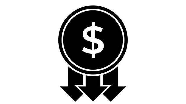 A black and white icon representing a coin with a dollar sign and three downward-pointing arrows below it, symbolizing financial loss or cost reduction.
